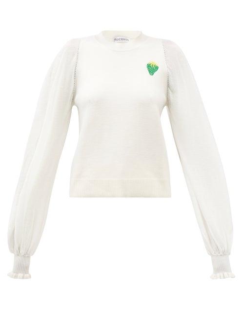 Jw Anderson - Strawberry-embroidered Sheer-sleeve Sweater - Womens - Ivory