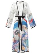 Ladies Beachwear Mary Mare - Cte D'azur Scenic-print Silk Kaftan - Womens - Blue Multi