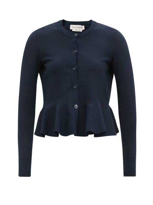 Matchesfashion.com Alexander Mcqueen - Peplum-hem Stretch-knit Cardigan - Womens - Navy