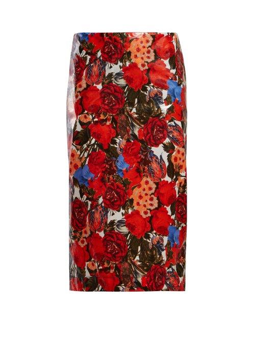 Matchesfashion.com Marni - Floral Print Waxed Poplin Pencil Skirt - Womens - Red Multi