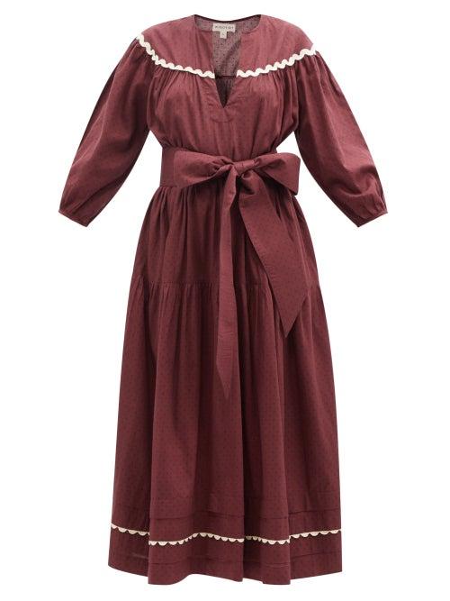 Wiggy Kit - Dree V-neck Belted Cotton-sateen Midi Dress - Womens - Burgundy