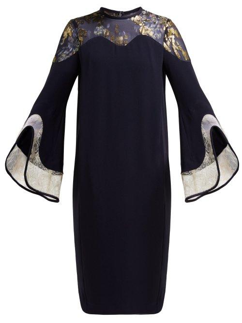 Matchesfashion.com Mame Kurogouchi - Floral Print Fil Coup And Lace Crepe Midi Dress - Womens - Navy Multi