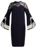 Matchesfashion.com Mame Kurogouchi - Floral Print Fil Coup And Lace Crepe Midi Dress - Womens - Navy Multi