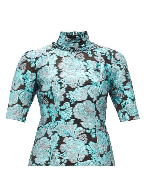 Matchesfashion.com Erdem - Saveria High Neck Brocade Silk Blend Blouse - Womens - Blue