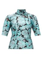 Matchesfashion.com Erdem - Saveria High Neck Brocade Silk Blend Blouse - Womens - Blue