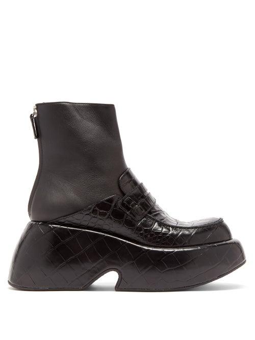 Loewe - Wedged Croc-effect Leather Moccasin Ankle Boots - Womens - Black