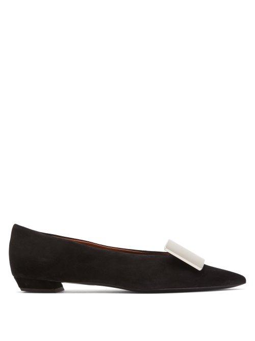 Matchesfashion.com Proenza Schouler - Cindy Oversized Plaque Suede Flats - Womens - Black