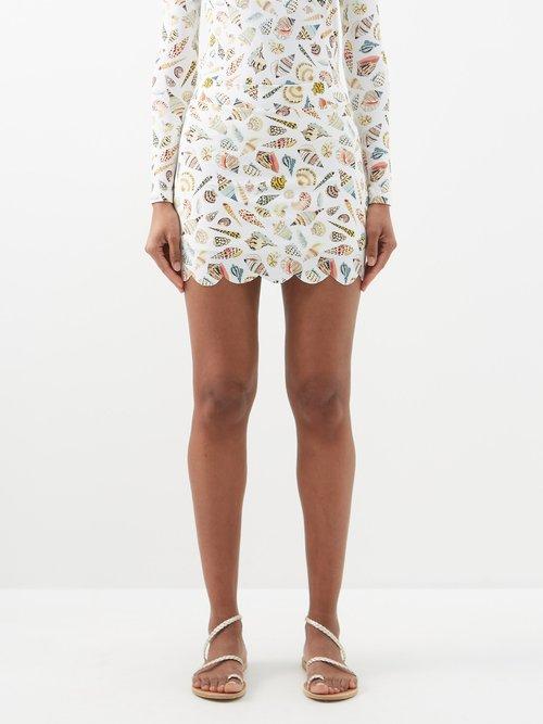 Marysia - Morton Shell-print Scalloped Mini Skirt - Womens - Ivory Multi