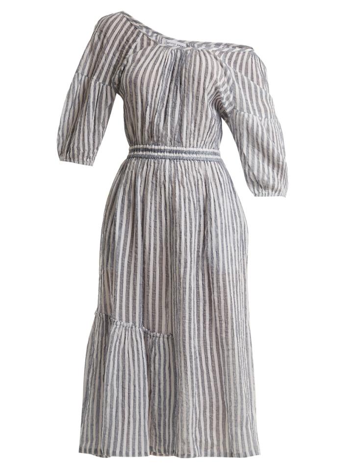 Apiece Apart Camellia One-shoulder Striped-cotton Dress