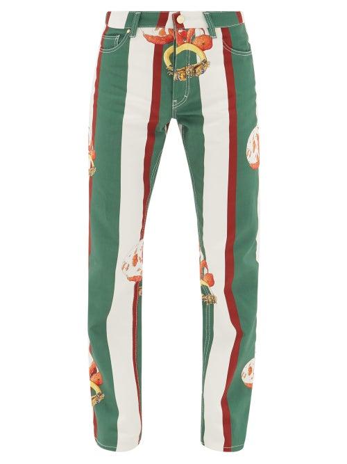 Matchesfashion.com Casablanca - Orange-print Striped Cotton-denim Jeans - Mens - Dark Green