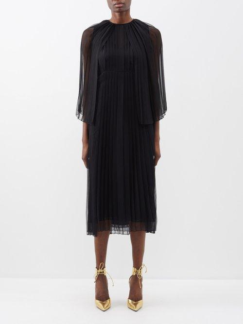 Gucci - Pleated Cape-shoulder Silk-chiffon Midi Dress - Womens - Black