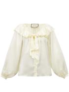 Matchesfashion.com Gucci - Ruffled Silk Blend Satin Blouse - Womens - Ivory