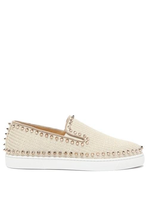 Matchesfashion.com Christian Louboutin - Boat Spike Embellished Woven Slip On Trainers - Womens - Ivory