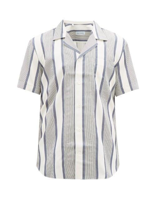 Matchesfashion.com Odyssee - Layton Cuban-collar Striped Twill Shirt - Mens - Navy Multi