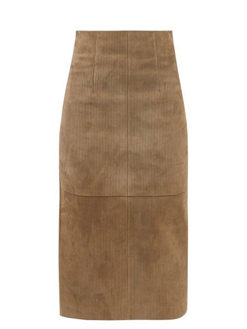 Fendi - High-rise Ribbed-suede Midi Skirt - Womens - Khaki