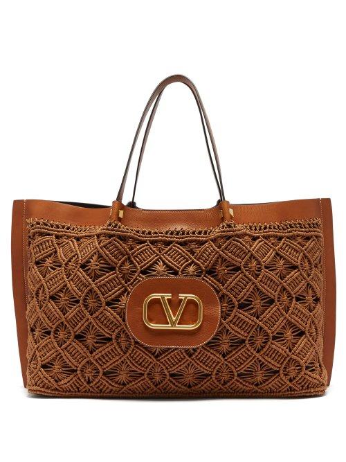 Matchesfashion.com Valentino - Go Logo Escape Macram And Leather Tote Bag - Womens - Dark Brown