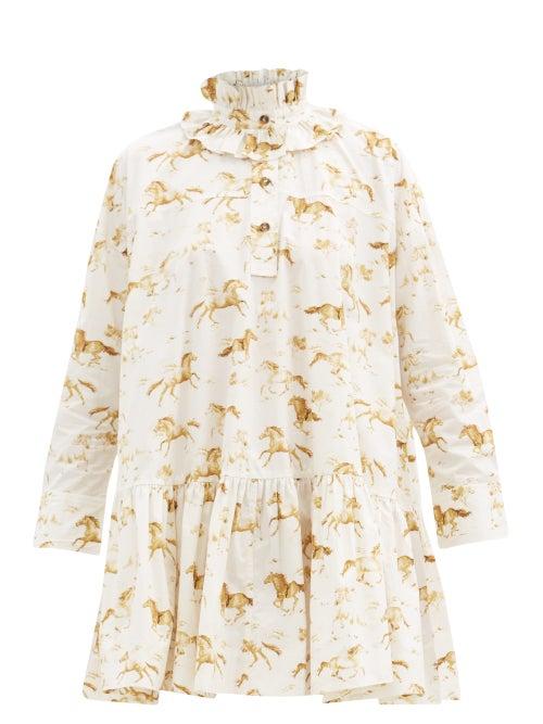 Matchesfashion.com Ganni - Ruffle-neck Horse-print Organic-cotton Dress - Womens - White Multi