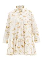 Matchesfashion.com Ganni - Ruffle-neck Horse-print Organic-cotton Dress - Womens - White Multi