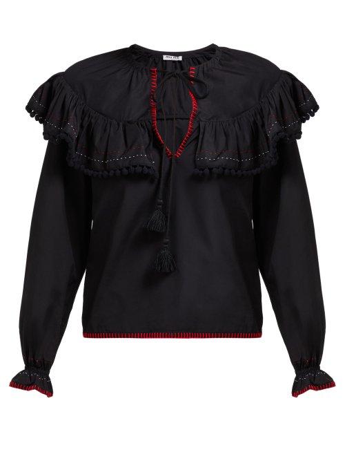 Matchesfashion.com Miu Miu - Pompom Trim Cotton Poplin Peasant Blouse - Womens - Black Multi