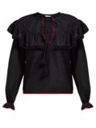 Matchesfashion.com Miu Miu - Pompom Trim Cotton Poplin Peasant Blouse - Womens - Black Multi