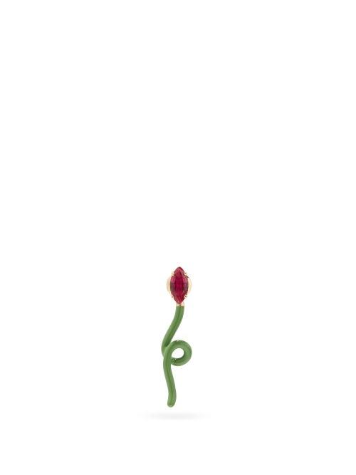 Matchesfashion.com Bea Bongiasca - Groovy Corundum, 9kt Gold & Enamel Single Earring - Womens - Green
