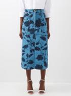 Erdem - Artie Legge Leaves-print Denim Midi Skirt - Womens - Denim