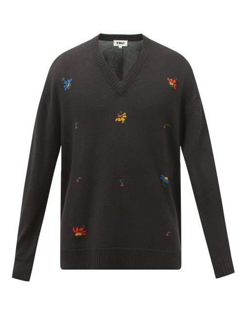 Ymc - Vertigo Floral-embroidered Wool Sweater - Mens - Brown