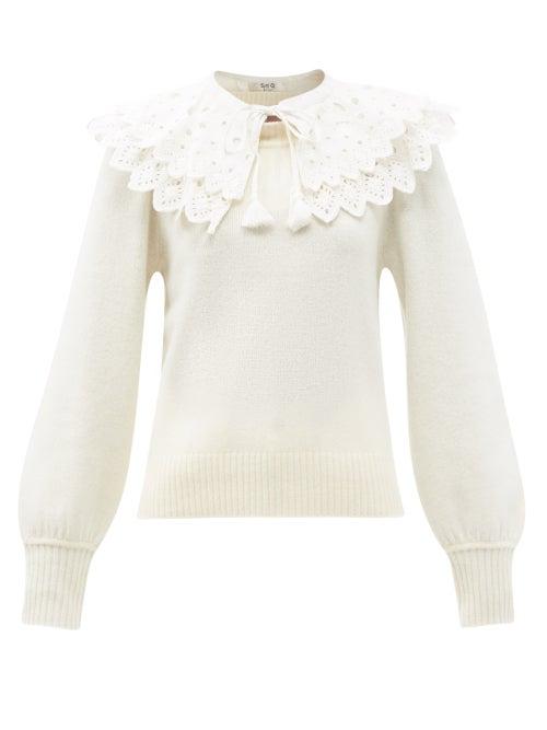 Matchesfashion.com Sea - Hazel Broderie-anglaise Collar Wool Sweater - Womens - White