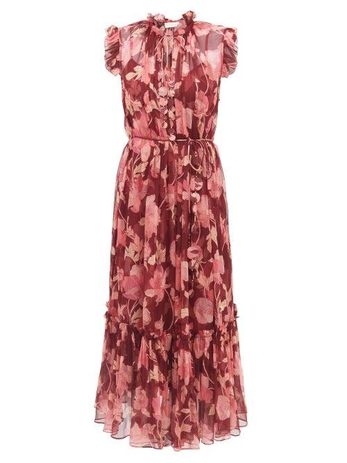 Zimmermann - Concert Flutter Floral-print Silk Midi Dress - Womens - Burgundy