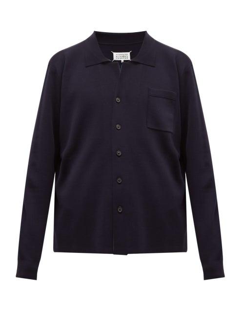 Matchesfashion.com Maison Margiela - Logo Stitch Wool Polo Shirt Cardigan - Mens - Navy