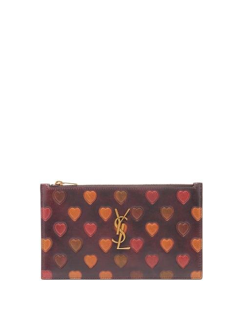 Saint Laurent - Ysl-plaque Heart-debossed Leather Pouch - Womens - Brown Multi