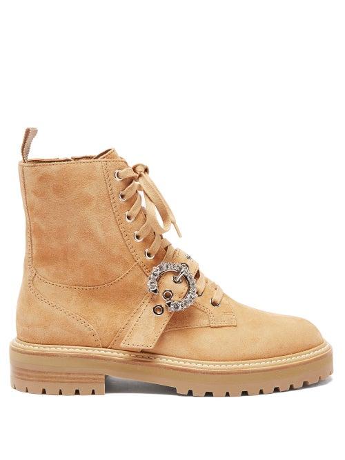 Ladies Shoes Jimmy Choo - Cora Crystal-buckle Suede Boots - Womens - Beige