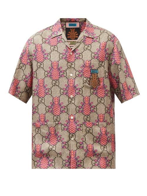 Gucci - Gg Pineapple-print Silk Short-sleeved Shirt - Mens - Brown Multi
