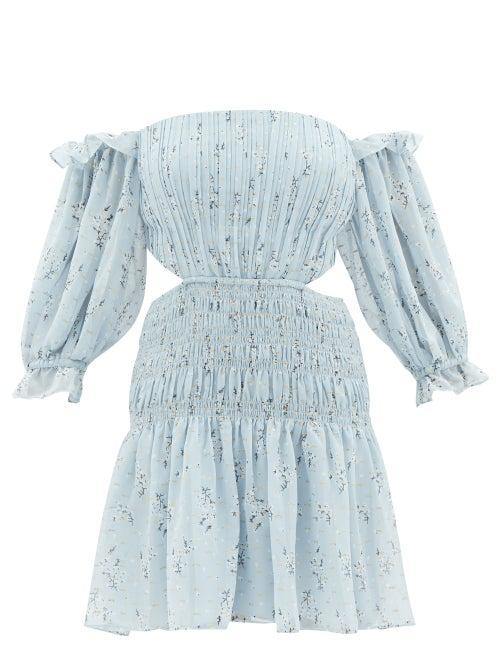 Self-portrait - Floral-print Fil-coup Gathered-georgette Dress - Womens - Light Blue