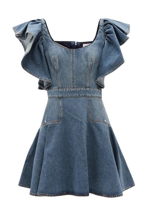 Alexander Mcqueen - Ruffle-sleeve Scoop-neck Denim Mini Dress - Womens - Denim