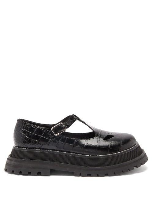Matchesfashion.com Burberry - Aldwych Crocodile-effect Leather T-bar Flats - Womens - Black