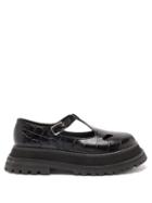 Matchesfashion.com Burberry - Aldwych Crocodile-effect Leather T-bar Flats - Womens - Black