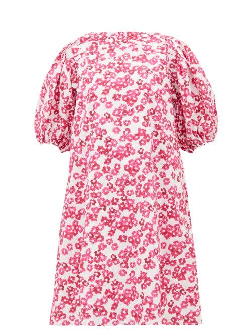 Matchesfashion.com Merlette - Aster Floral-print Pleated Cotton-poplin Dress - Womens - Pink Print