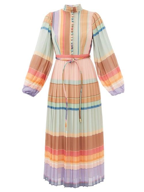 Matchesfashion.com Zimmermann - Rainbow Striped Crepe De Chine Midi Dress - Womens - Multi