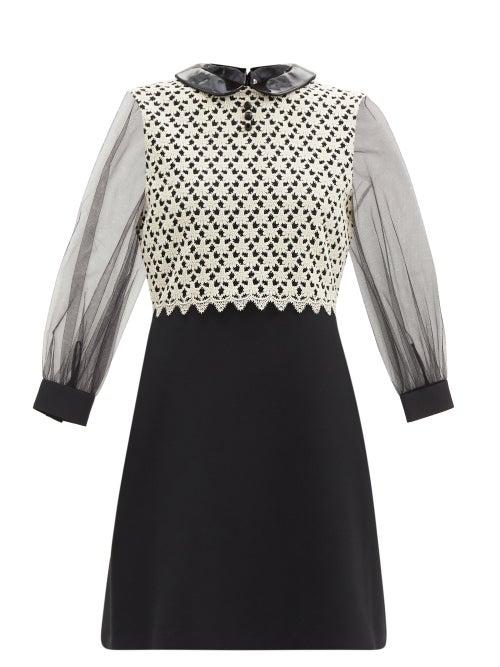 Matchesfashion.com Gucci - Pvc-collar Silk-sleeve Crochet Crepe Mini Dress - Womens - Black