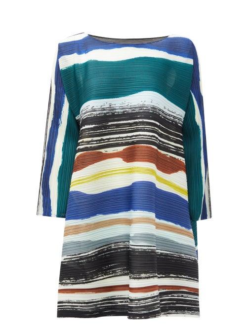 Matchesfashion.com Pleats Please Issey Miyake - Leaf Vein Striped Technical-pleated Tunic Dress - Womens - Navy Multi