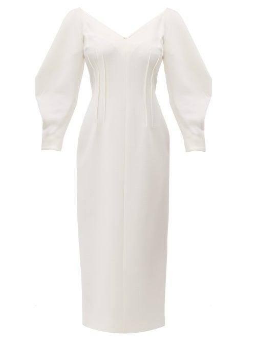 Matchesfashion.com Emilia Wickstead - Calla V Neck Wool Crepe Midi Dress - Womens - Ivory