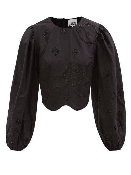Ganni - Puffed-sleeve Broderie-anglaise Cropped Top - Womens - Black