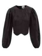 Ganni - Puffed-sleeve Broderie-anglaise Cropped Top - Womens - Black