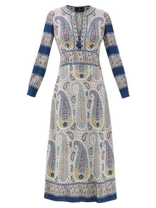 Matchesfashion.com Etro - Capri Tie-neck Paisley-print Crepe Dress - Womens - Light Blue