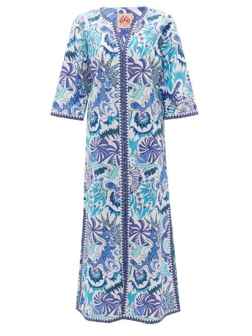 Matchesfashion.com Le Sirenuse, Positano - Brenda Psycho-print Cotton Kaftan - Womens - Blue Multi