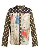 Matchesfashion.com La Prestic Ouiston - Peace Polka Dot Band Collar Silk Twill Shirt - Womens - Green Multi