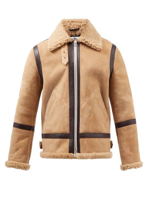 Acne Studios - Ian Leather-trim Shearling Jacket - Mens - Light Beige