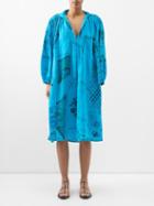 By Walid - Valerie Vintage Patchworked Linen Midi Dress - Womens - Bright Blue