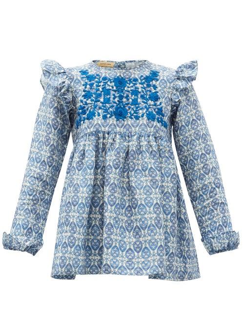 Matchesfashion.com Muzungu Sisters - Nora Ruffled Sweetheart-print Linen Blouse - Womens - Blue Print